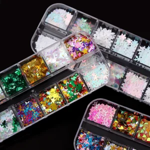 12 Grid Box Nail Art Sequins 3D Christmas Decorations Nail Art Glitter Decal Manicure Sequins for Beauty Nail Decorations