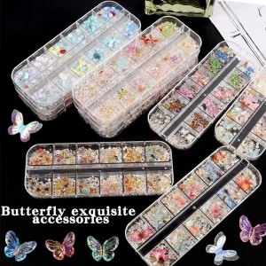 12 Grid Luxury Butterfly Nail Decorations 3D Resin and Glass Accessories for DIY Nail Art Manicure