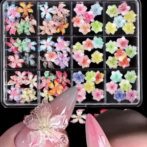 12 Grid Mixed Color 3D Carving Ice Crystal Flower Nail Talisman Resin 3D Lily Flower Water Diamond Luxury Nail Decoration