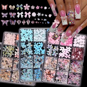 12 Grid Nail Art Accessories Ice Transparent Three-dimensional Butterfly Five-petal Flower Gravel DIY for Salon and Retail