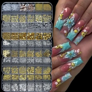 12 Grid Nail Art Decorations Flatback Butterfly Pearl Star Moon Shiny Metallic Nail Accessories
