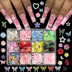 12 Grid Red Butterfly Strawberry Heart 3D French Nail Art Decoration Plastic Alloy Resin Rhinestones Accessories