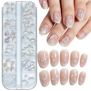 12 Grid Starfish Shell Nail Art Accessory Kit Alloy Materials Aurora Conch Coconut Tree Nail Rhinestone