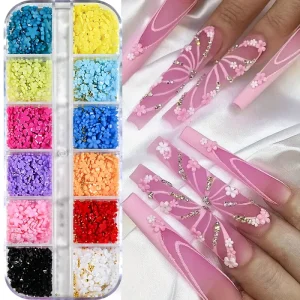 12 Grids 3D Acrylic Flower Nail Art Charms Cute Manicure Accessories Decorations Gold Silver Steel Ball Plastic Supply for Nail