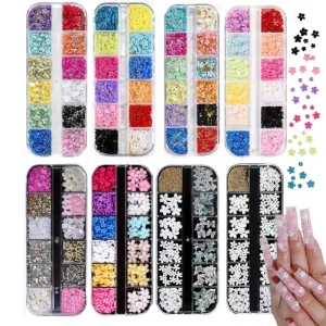 12 Grids 3D Acrylic Flower Nail Art Charms Cute Manicure Accessories Decorations Gold Silver Steel Ball Plastic Supply for Nail