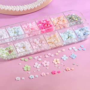 12 Grids 3D Acrylic Flower Nail Art Charms Glass Rhinestone Steel Ball Pearl Nail Supplies Manicure Accessories Decorations Set