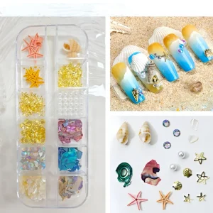 12 Grids 3D Design Nail Art Decor Ocean Nails Charms with Metal Rivets Shell Mini Starfish Sea Shell Nail Charm Stickers Decals