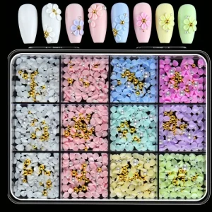 12 Grids 3D Flower Nail Charms Pastel Resin Flower Nail Art Decorations Gold Pearl Bead Floral Nail Accessories Nail Supplies
