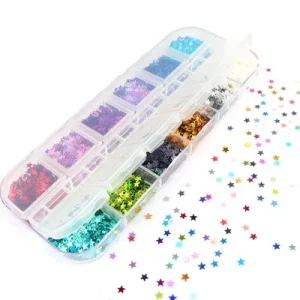 12 Grids 3D Holographic Nail Glitter Sequins Shiny Star Design Summer Japanese Manicure Nail Patch for Nail Art Decoration
