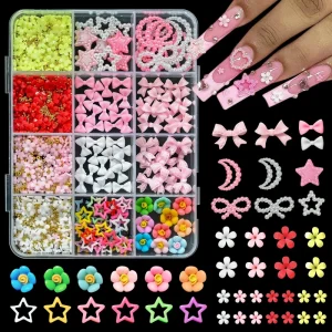 12 Grids 3D Nail Art Charms Mixed Resin Bow Flower Star Moon Pearl Decorations DIY Manicure Nail Accessories