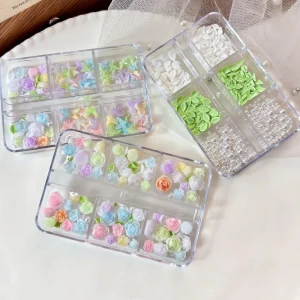 12 Grids 3D Resin Rose Flower Nail Art Charms Mixed Colors Mixed Sizes Floral Decorations for DIY Manicure Art