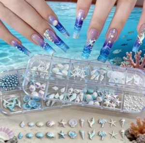 12 Grids 3D Starfish Shell Coconut Tree Nail Art Decorations Aurora Seashell Tree DIY Nail Rhinestone Accessories