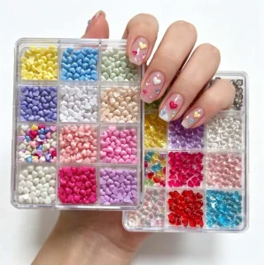 12 Grids 430-450pcs Peach Heart Resin Nail Rhinestones Candy Color Diy Love for Manicure Accessories Decoration