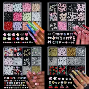 12 Grids Box Mixed Resin Bowknot Flower Nail Art Decorations 3D Acrylic Charms Shiny Summer Kawaii Rhinestone DIY Manicure Tools