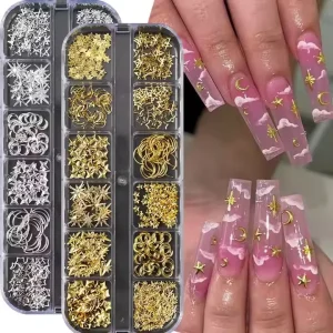12 Grids Box Silver Gold Jewelry Nail Charms Sun Star Moon Metal Sequins Nail Decoration Manicure Accessories Supplies