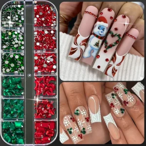 12 Grids Christmas Red Green Glass Nail Diamond Gem Nail Rhinestone Beads Nail Charms Irregular shaped Crystal Nail Accessories