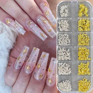 12 Grids Golden 3D Star Nail Charms Metallic Hexagram Sequins for DIY Manicure Shiny Press on Metallic Nail Art Decorations