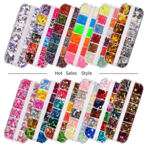 12 Grids Holographic Aluminum Sequins Plastic Nail Foil Flakes Stickers 3D Glitter Decoration Nail Art Foil Decorative