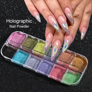 12 Grids Laser Holographic Acrylic Powder Nails Art Design Decoration Accessories Glitter Set for Women Girls