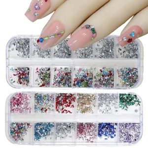 12 Grids Mixed Acrylic Nail Rhinestone Colorful Flatback Mini Nail Art Decoration 3D DIY Nail Beauty