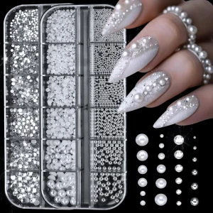 12 Grids Mixed Half Round Pearl Nail Art Rhinestones Multi Sizes Flatback Pearls Nails Supplies DIY Crafts Decorations