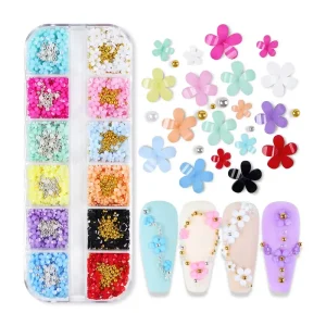 12 Grids Nail Art 3D Colorful Resin Flowers Acrylic Jewelry Beads DIY Nails Art Decoration