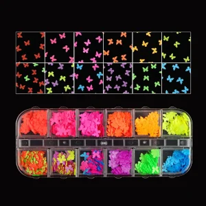 12 Grids Set Colorful Holographic Iridescent Glitter 3D Butterfly Slice Nail Sequins Flakes Nail Art Decoration