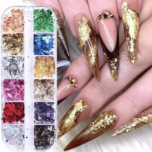 12 Grids Set Mixed Color Holographic Nail Stickers Decals Starry Sky Transparent Nail Foils Tinfoil Paper Nail Glitter Flakes