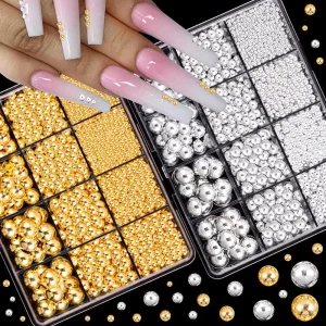 12 Grids Set Nail Art Decorations High Quality 3D Pearl Abs Semi-Circle Reusable Gold Silver Design Accessories