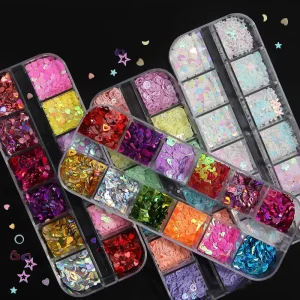12 Grids Valentine’s Day Nail Art 3D Pink Red Holographic Nail Sequins Confetti Paillettes for DIY Nail Eye Makeup Sequins