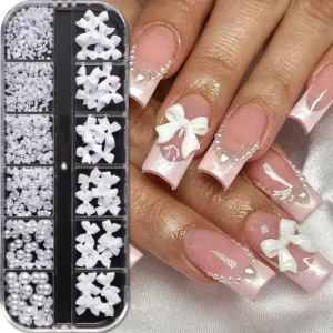 12 Grids White Pearls Nail Charms Acrylic Flower Decorations Half Pearls Nail Jewelry Parts DIY Ornaments Manicure Accessories