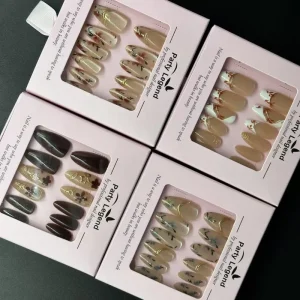 12-Piece Set Long Almond Shape Press-On Gel Nails Floral Metallic Accent Design Made ABS Material for Fingers