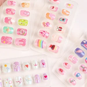 12 Pieces Dream Princess Square ABS Full Cover Press On Kid Nails with Glue Cartoon Design False Fingernails for Children