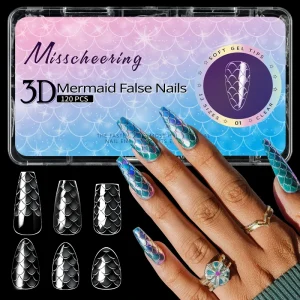 120/140pcs Box 3D Fish Scale False Nail Extension Tips Traceless Flexible Press on Nails Transparent Thin Soft Gel Nail Tip