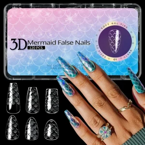 120PCS Fish Scale Clear False Nails 3D Mermaid Almond Ballerina 12 Sizes Soft Gel Nail Tips