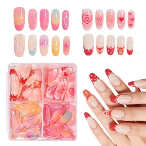 120Pcs Box Valentine’s Day Gradient Cat Cartoon Cat Bow Nail Tips Flower Cherry Line Press on Nails DIY Almond False Finger Tip