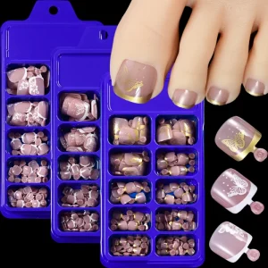 120Pcs French False Toe Nails with Butterfly Flower Design Wearable Square Fake Toenails Full Cover Toe Short Press on Nails