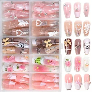 120Pcs Medium Coffin French False Nails 3D Bow Love Heart Butterfly Charm Full Cover Fake Nails Tips Fruit Petals Press on Nails