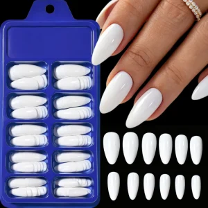 120pcs Box White Almond Fake Nails Full Cover Glossy Solid Color Wearable Finger Nails Removable Press On Nails