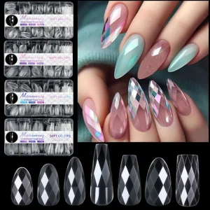 120pcs Transparent Square Almond Coffin Nail Tips 3D Crystal Diamond Nail Tips for Nail Art Designs