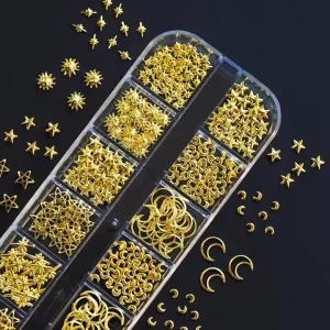 12Grid Gold Metal Stud Decors Moon Star Sun Bead Rivet Metallic 3D Nail Charm Gold & Silver Rivet for Nail Art Accessories