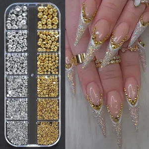 12Grid box Gold Silver Half Round Pearl Beads Nail Charms 1 2 3 5mm Flatback Round Nail Caviar Bead Micro Ball Manicure Bead
