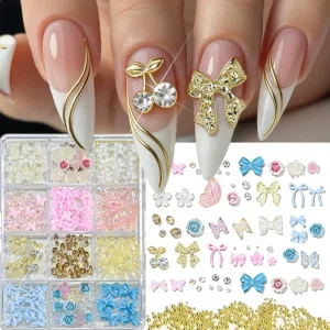12Grid box Mixed Bow Nail Art Charms Ice Transparent Butterfly Nail Diamond Alloy Rhinestones Bow Nail Art Decoration