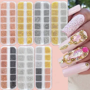 12Grids 3D Fashion Style Small Alloy Balls Nail Art Charms Mixed Size 4 Colors DIY Manicure Accessories Decor Rhinestones