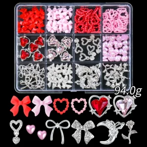 12Grids 3D Mixed Heart Love Nail Rhinestones Red Resin Metal Bows Love Heart Nail Art Shiny Alloy Butterfly Cherry Nail Supplies