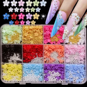 12Grids Acrylic Resin Flower Nail Charms Mix Colors Set 3D Flower Nail Rhinestones Mixed Blossom Spring Gems DIY Nail Supplies