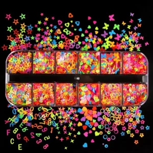 12Grids Box Fluorescence Mixed Nail Glitter Flakes 3D Neon Sequins Paillette Powder Charm Nail Art Decoration Manicure Tools