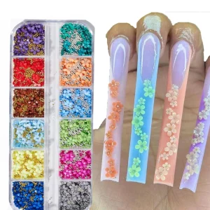 12Grids Flower Nail Art Charms Acrylic Flower Nail Rhinestones Gold Silver Pearl Bead Spring Blossom Petal Decorations