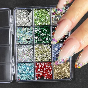 12Grids Glass Colorful Crystal Diamond Nail Gems Sparkling Flat Back Rhinestones Nail Art Charm Stone Jewelry Nail Accessories
