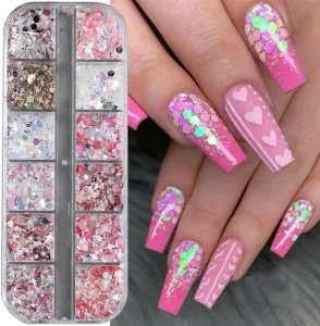 12Grids Glitter Sequin Powder Mix Star Heart Colorful Nail Sequins for Holographic Shaker Nail Art Flakies Paillette